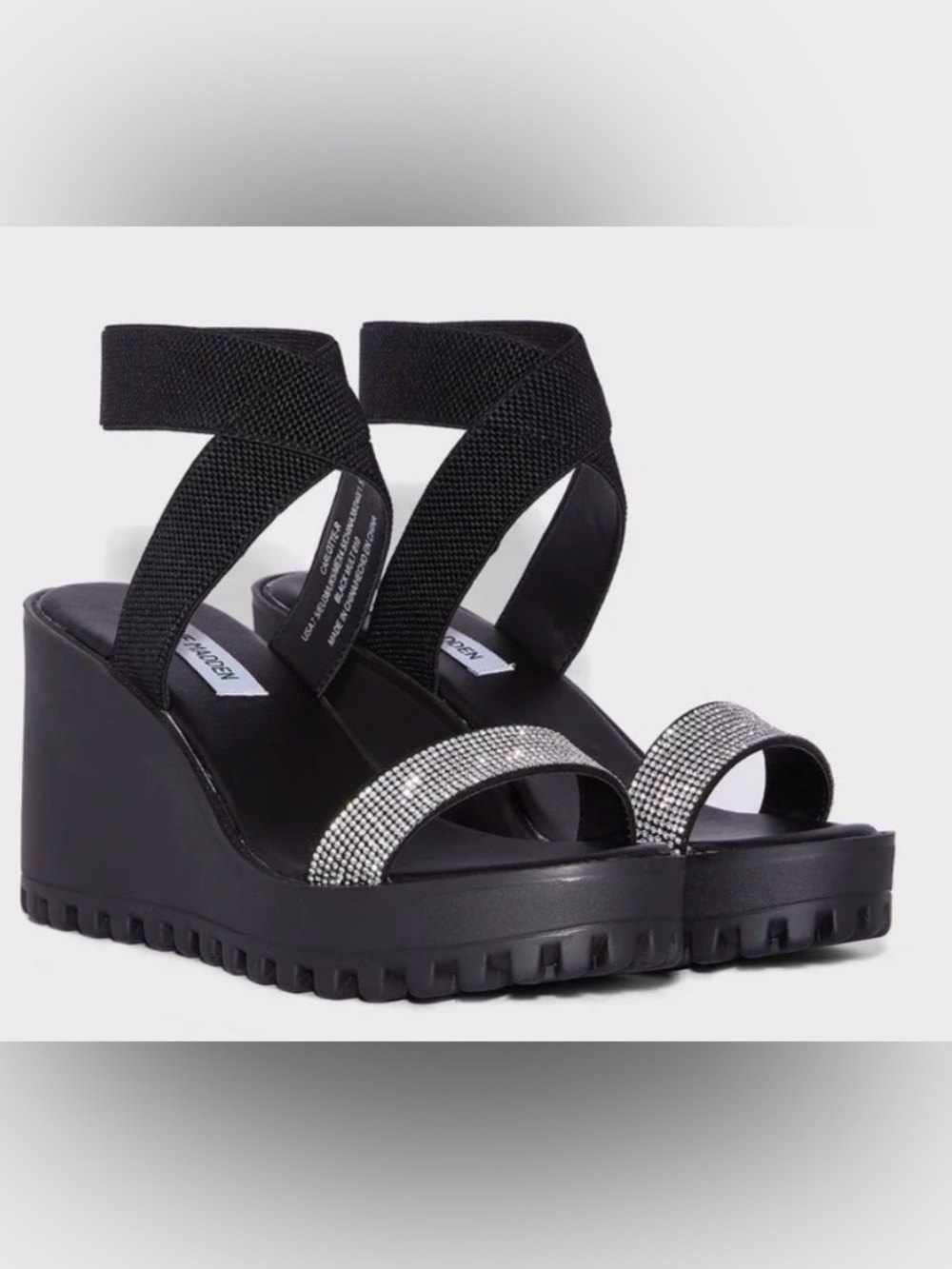 Black Wedge Sandals with Rhinestone Strap